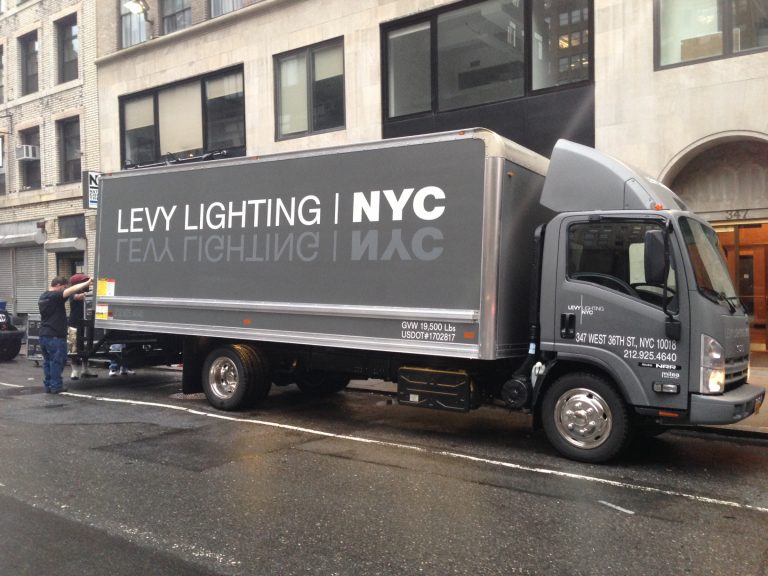 Dark Gray Box Truck with White and Ghost Cut Vinyl Lettering for Levy Lighting NYC by Vinyl Images NY