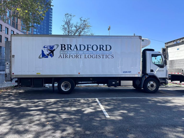 Bradford Airport Logistics box truck with custom vinyl logo lettering by Vinyl Images NY