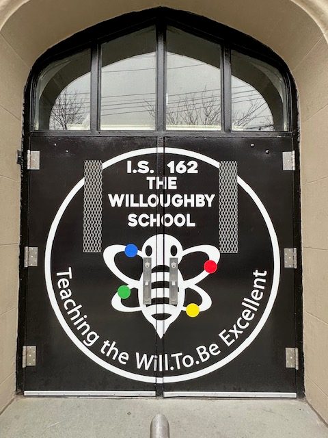 I.S. 162 Willoughby School entrance doors wrapped in black vinyl with bee logo by Vinyl Images NY
