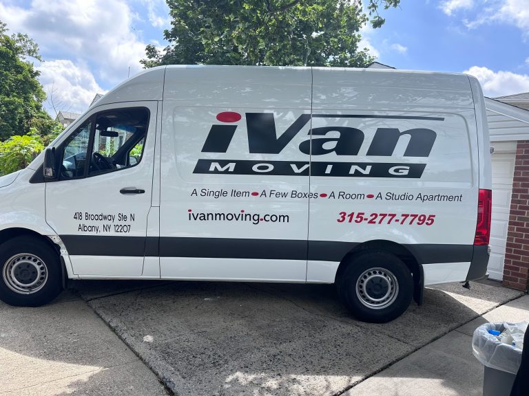 iVan Moving Mercedes Sprinter van with black and red vinyl lettering by Vinyl Images NY