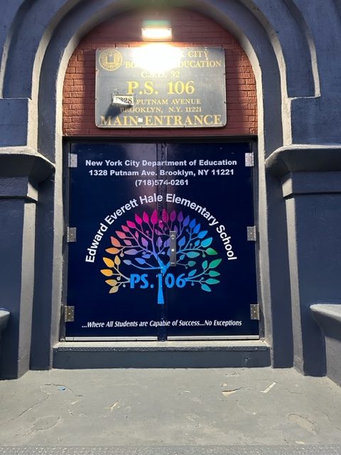 P.S. 106 Edward Everett Hale Elementary School main entrance doors with full vinyl wrap by Vinyl Images NY